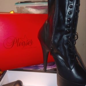 PLEASERS 6.5" knee high faux leather black closed toe stilletto boots. BRAND NEW